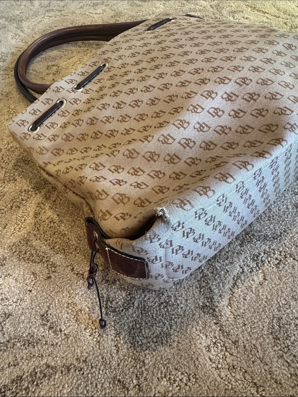 Dooney & Bourke Beige Monogram Tote with Brown Leather Trim